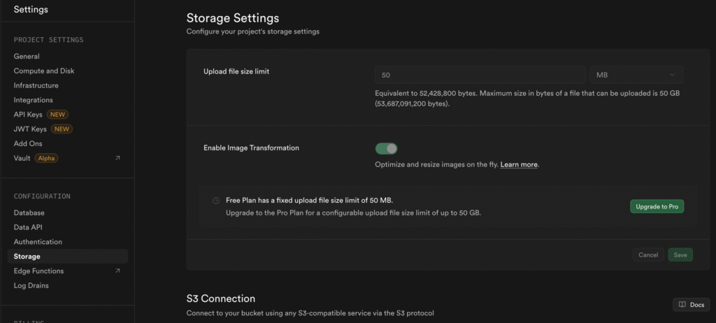 Superbase storage connection settings